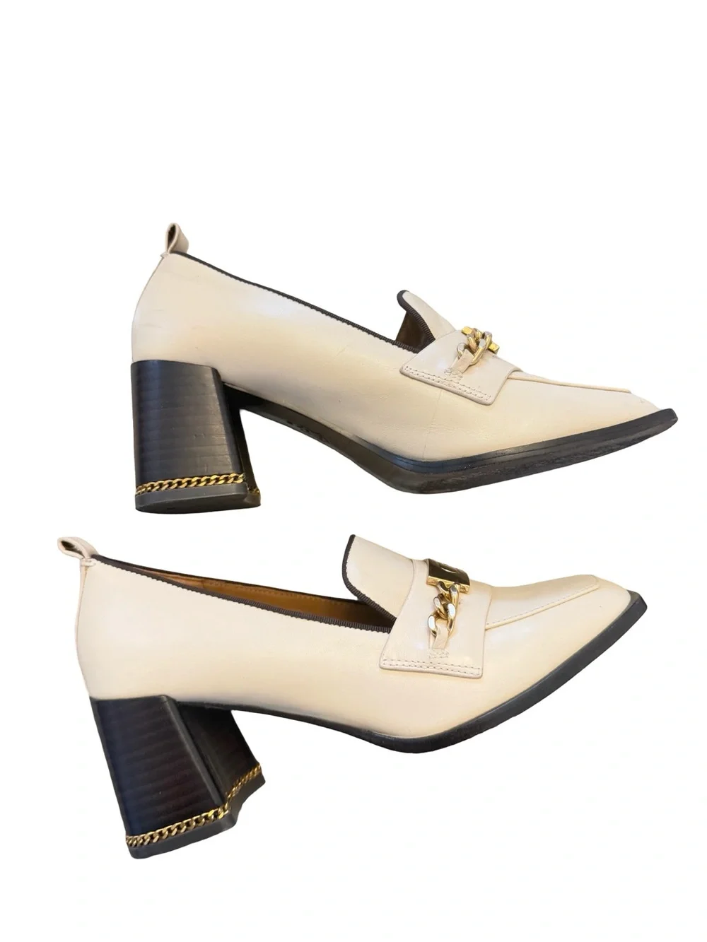 Tory Burch Cream Block Heel Loafers with Gold Chain and Brown